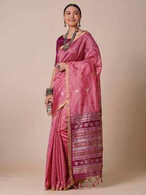 Pink ethnic motifs woven design zari banarasi saree 2