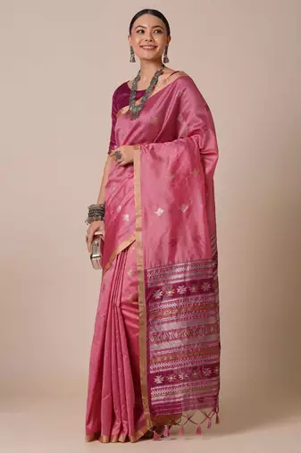 Pink ethnic motifs woven design zari banarasi saree