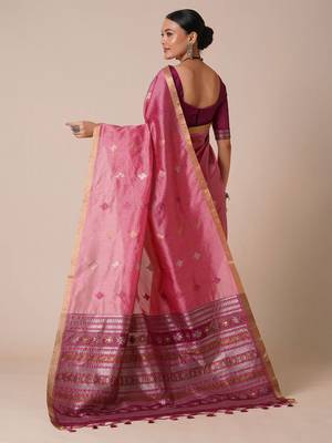 Pink ethnic motifs woven design zari banarasi saree 3