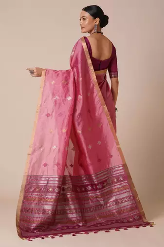 Pink ethnic motifs woven design zari banarasi saree