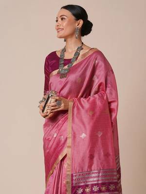 Pink ethnic motifs woven design zari banarasi saree 4