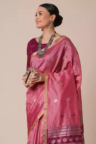 Pink ethnic motifs woven design zari banarasi saree