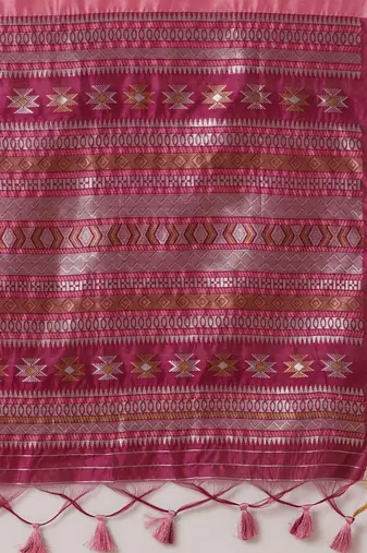 Pink ethnic motifs woven design zari banarasi saree