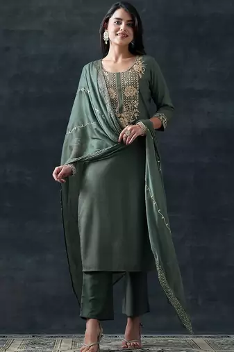 women ethnic motifs embroidered regular thread work kurta with trousers & with dupatta