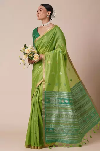 Green ethnic motifs zari silk blend banarasi saree