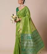 Green ethnic motifs zari silk blend banarasi saree