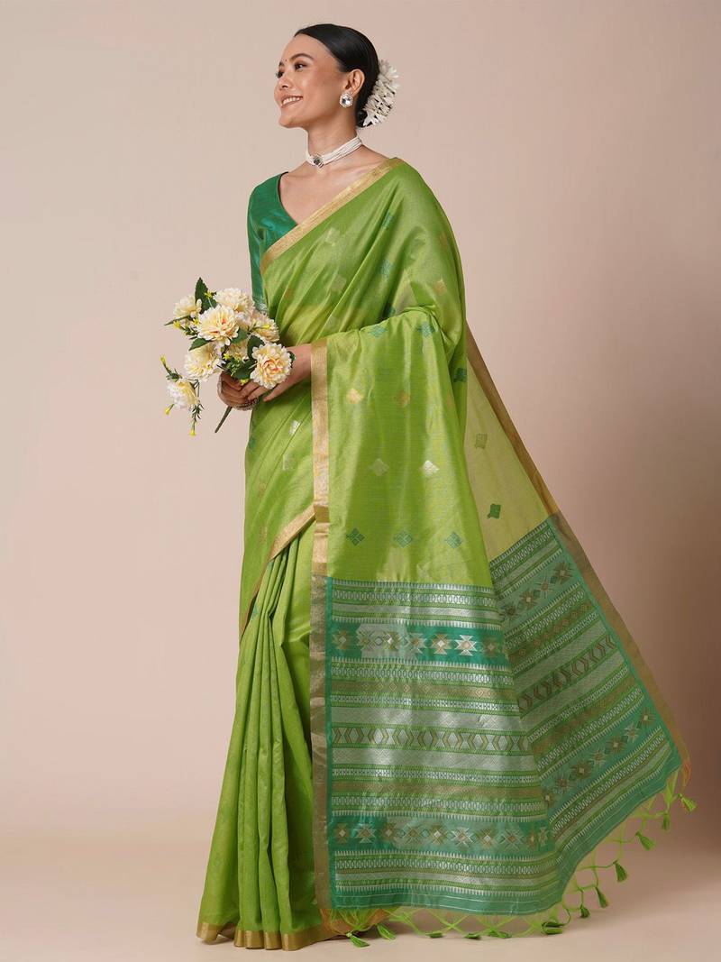 Green ethnic motifs zari silk blend banarasi saree