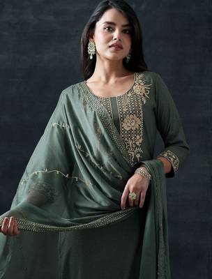 women ethnic motifs embroidered regular thread work kurta with trousers & with dupatta 5