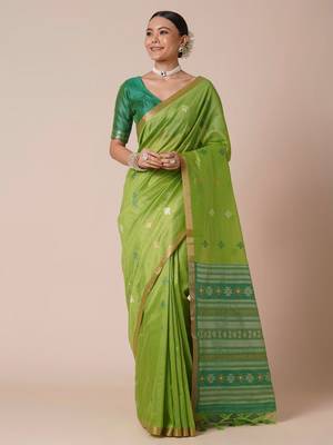 Green ethnic motifs zari silk blend banarasi saree 2