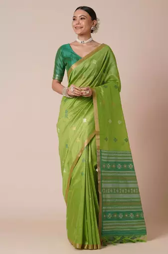 Green ethnic motifs zari silk blend banarasi saree