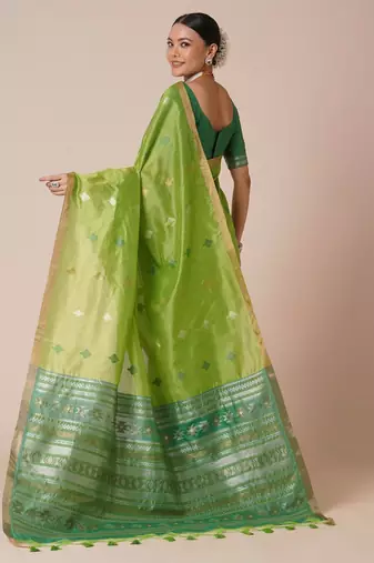 Green ethnic motifs zari silk blend banarasi saree
