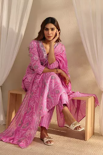 libas pink floral printed cotton a-line suit set with dupatta
