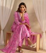 libas pink floral printed cotton a-line suit set with dupatta