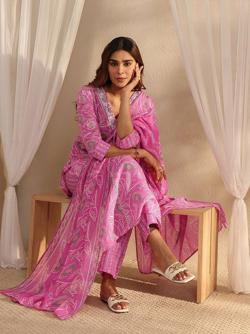 libas pink floral printed cotton a-line suit set with dupatta