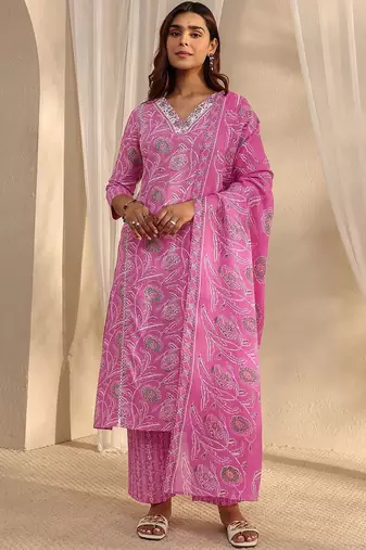 libas pink floral printed cotton a-line suit set with dupatta