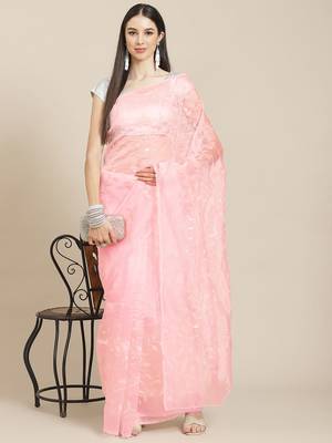 Pink pink & white embellished sequinned organza saree 1