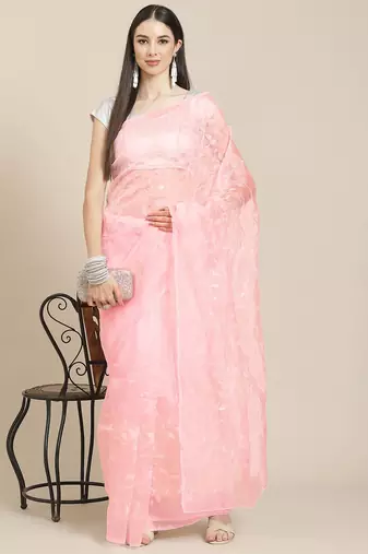 Pink pink & white embellished sequinned organza saree