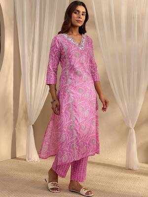 libas pink floral printed cotton a-line suit set with dupatta 3