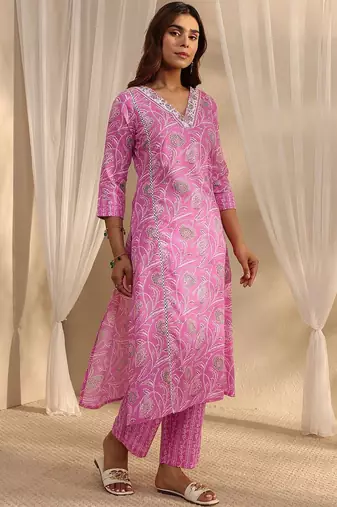 libas pink floral printed cotton a-line suit set with dupatta