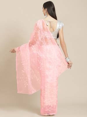 Pink pink & white embellished sequinned organza saree 2