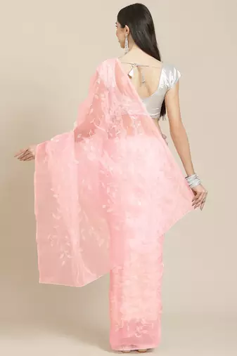 Pink pink & white embellished sequinned organza saree
