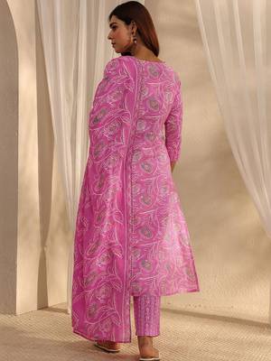 libas pink floral printed cotton a-line suit set with dupatta 6