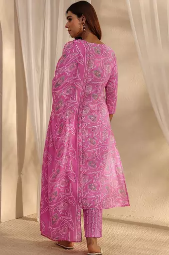 libas pink floral printed cotton a-line suit set with dupatta