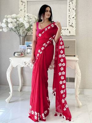 Red floral  cotton saree 1