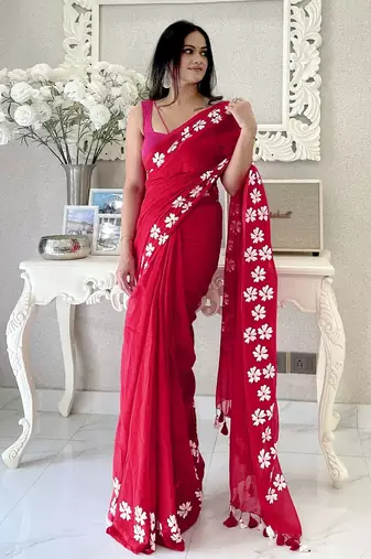 Red floral  cotton saree
