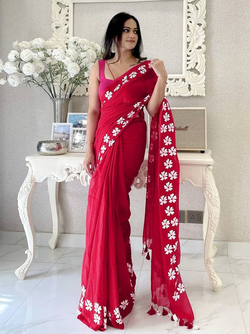 Red floral  cotton saree