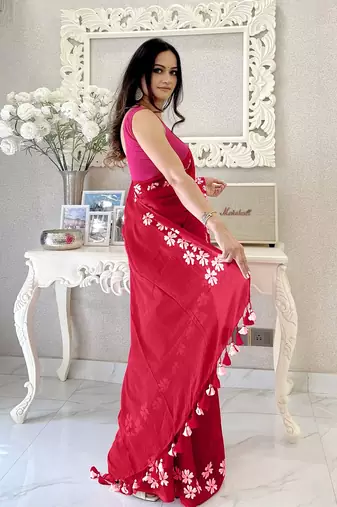 Red floral  cotton saree