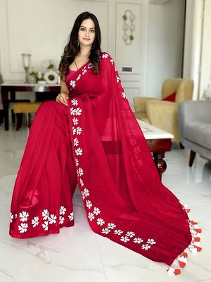 Red floral  cotton saree 3