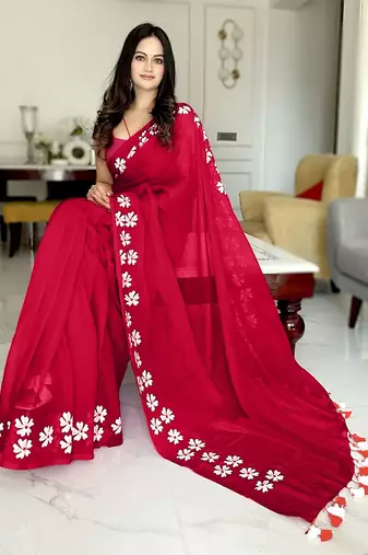 Red floral  cotton saree