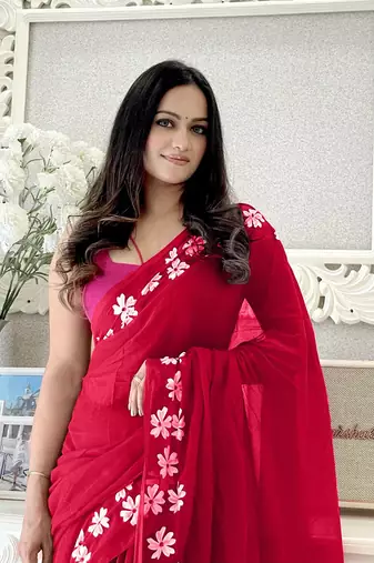 Red floral  cotton saree