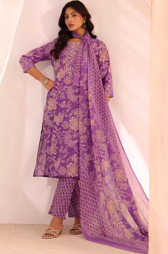 women floral printed regular kurta with trousers & with dupatta