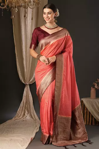 Peach ethnic motifs zari woven design banarasi saree