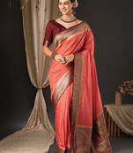 Peach ethnic motifs zari woven design banarasi saree