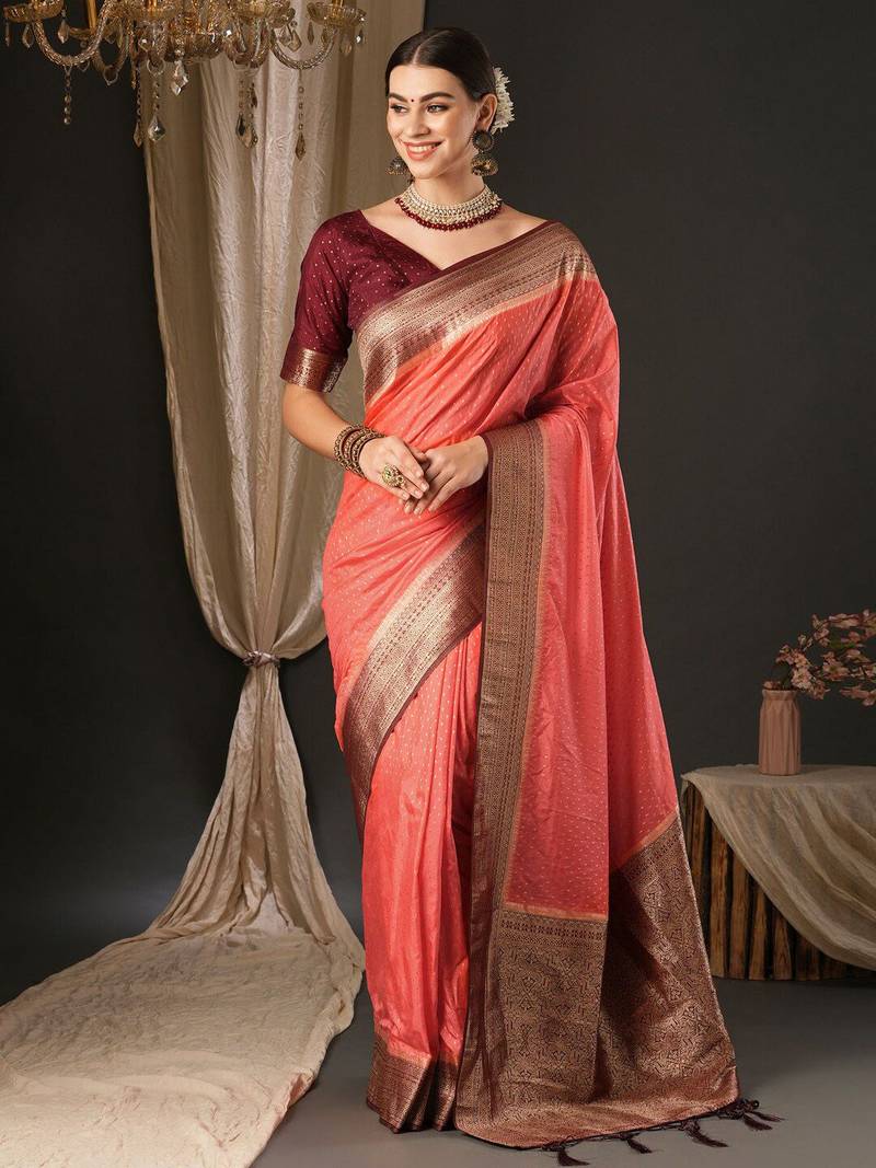 Peach ethnic motifs zari woven design banarasi saree