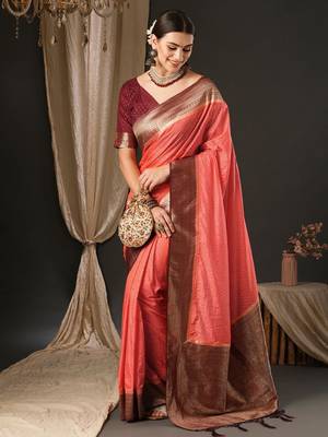 Peach ethnic motifs zari woven design banarasi saree 2