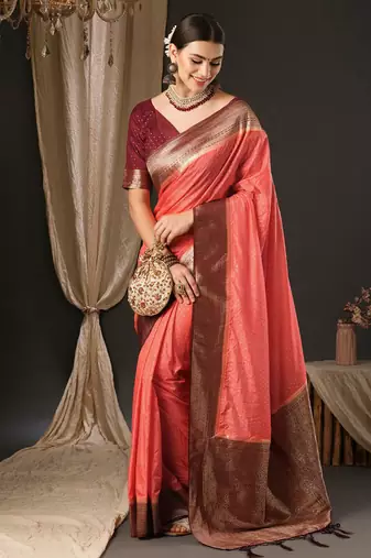 Peach ethnic motifs zari woven design banarasi saree