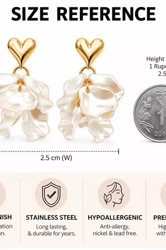 Anti-tarnish jewellery, pearl-finish petals, gold-tone heart stud, dangle drop style, women's fashion