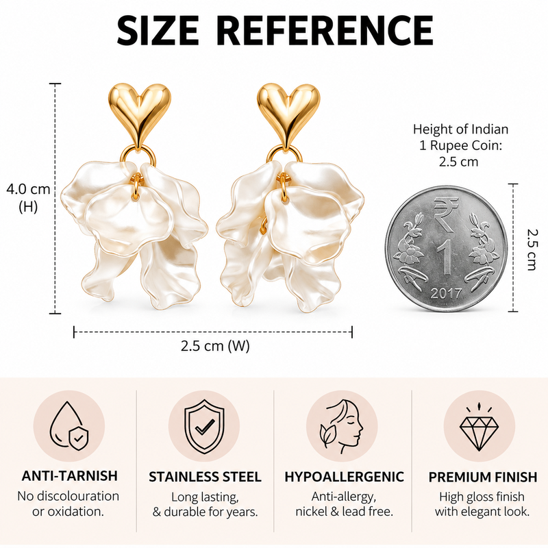 Anti-tarnish jewellery, pearl-finish petals, gold-tone heart stud, dangle drop style, women's fashion