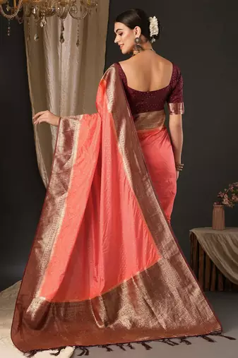 Peach ethnic motifs zari woven design banarasi saree