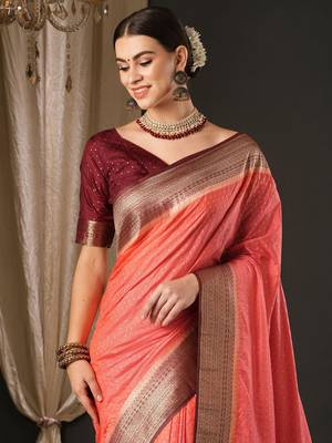 Peach ethnic motifs zari woven design banarasi saree 4