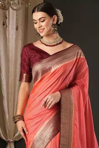Peach ethnic motifs zari woven design banarasi saree