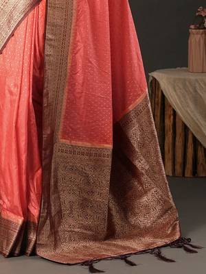 Peach ethnic motifs zari woven design banarasi saree 5