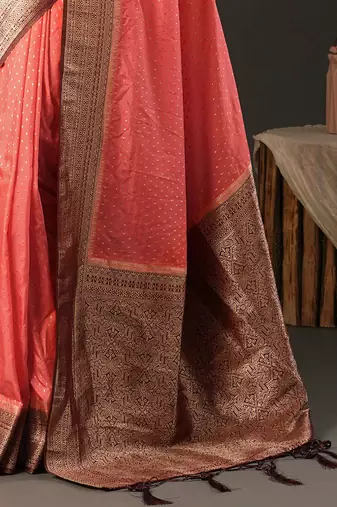 Peach ethnic motifs zari woven design banarasi saree
