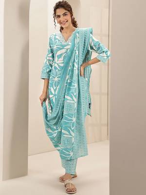 floral printed v-neck straight kurta with trousers & dupatta 1