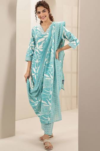 floral printed v-neck straight kurta with trousers & dupatta