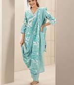 floral printed v-neck straight kurta with trousers & dupatta